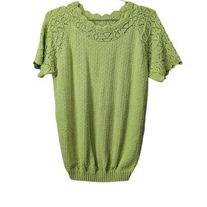 💥145 Haband Short Sleeve Knit Crochet Olive Green Sweater